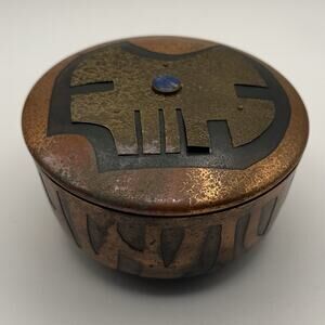 SIGNED Artisan Copper Trinket Box Tribal Style, Chile, Blue Lapis Like Stone